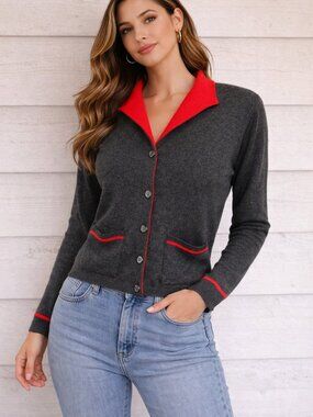 Karen Lessly Red & Charcoal Button Front Cardigan Sweater Size L USA Made Vintag